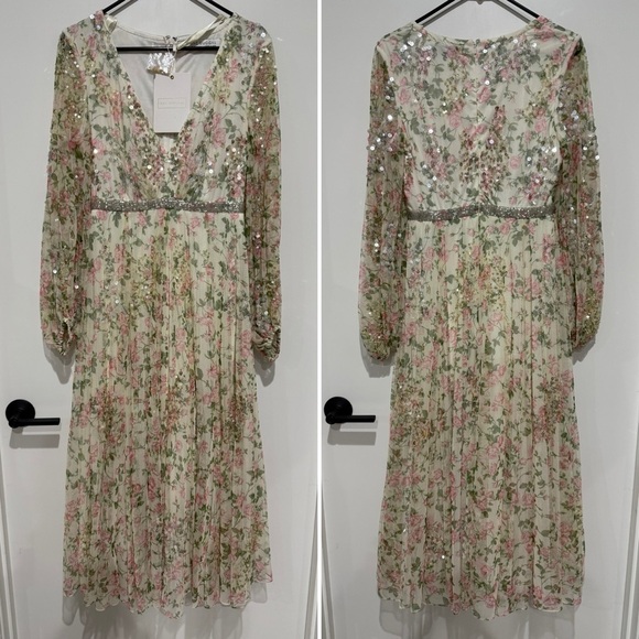 Mac Duggal Embellished Floral Print Faux Wrap A Line Dress with Sequins - 6 - Picture 3 of 4